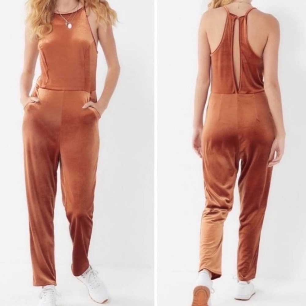 UO burnt orange velvet open back jumpsuit